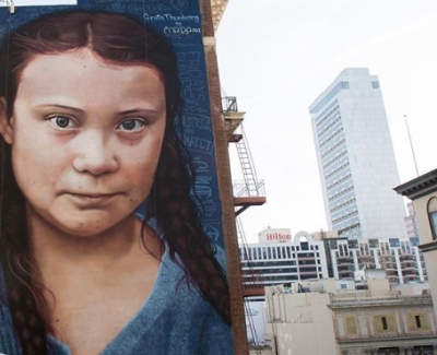 Un artista baigorriense estrenó un mural en San Francisco, EEUU, en homenaje a Greta Thunberg