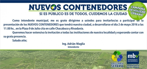 Granadero Baigorria presentará su nuevo Programa de Contenerización de Residuos