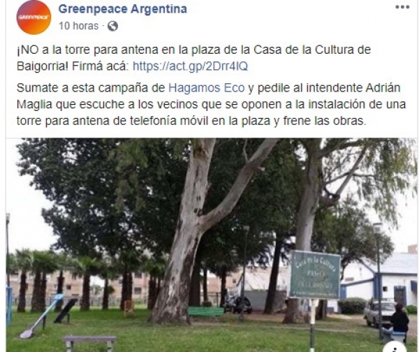 Greenpeace se sumó al pedido de la no instalación de la antena en barrio Centro