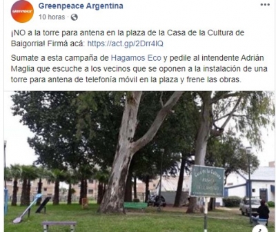 Greenpeace se sumó al pedido de la no instalación de la antena en barrio Centro