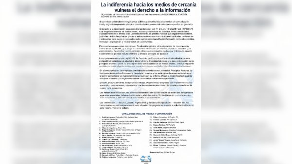 El Círculo Regional de Prensa cuestionó el trato institucional hacia medios locales tras los casos Scerra y Fiant