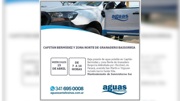 Aguas Santafesinas realizará trabajos y podría haber baja presión en Baigorria y Bermúdez