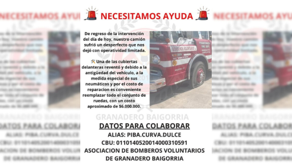 Bomberos de Baigorria piden colaboración para reparar la autobomba